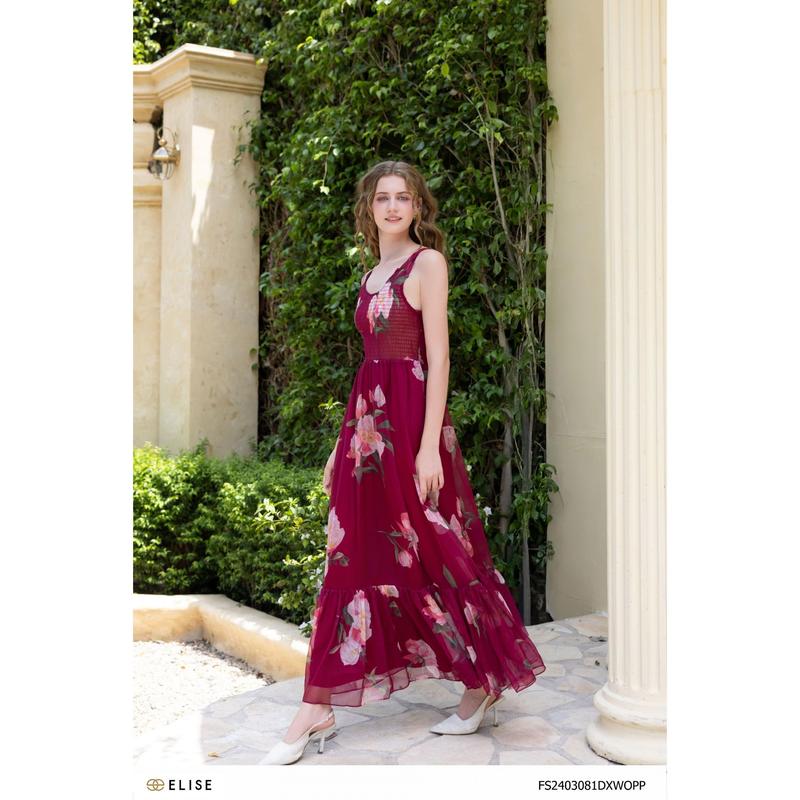 Đầm maxi voan hoa nền hồng tím buộc nơ sau thiết kế Elise mã sản phẩm FS2403081DXWOPP