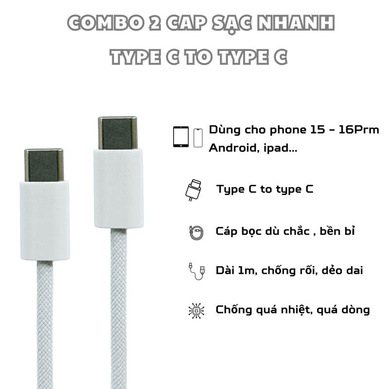 ( COMBO 2 CÁP ) Sạc nhanh dành cho phone 15-16prm, Android....  PD 30W chip C94. Bọc dù chắc chắn, type C to C dài 1m. Bảo hành 6 tháng. capsacnhanh capbocdu