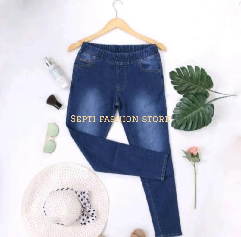 Septi fashion. Celana legging jeans wanita strech premium rifas pinggang karet Stretch Dewasa Nyaman Soft Tebal