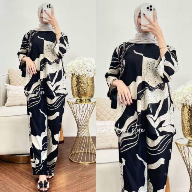 Setelan Wanita Oneset Wanita Setelan Rayon Celana Kulot Atasan Rempel Bahan Rayon Motif Adem Dan Nyaman  Baju Dewasa Remaja Panjang Santai Muslim Bawahan Lembut hitam Busui Rayon Premium Exclusive Kekinian Lebaran Atasan Wanita Celana Kulot
