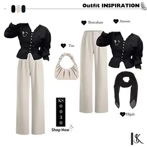 One set wanita kekinian 4in1 blouse hitam + celana kulot + tas wanita + hijab bella square KS0030
