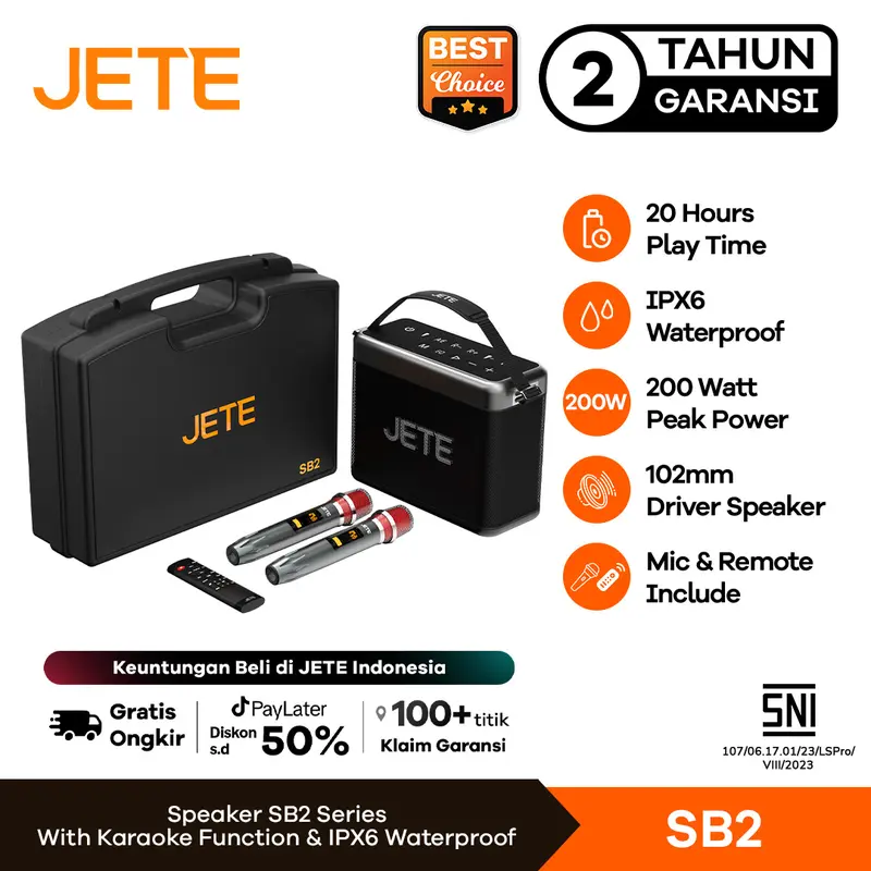 JETE SB2 Speaker Karaoke Bluetooth 2 Mic Wireless IPX6 Garansi 2 Tahun