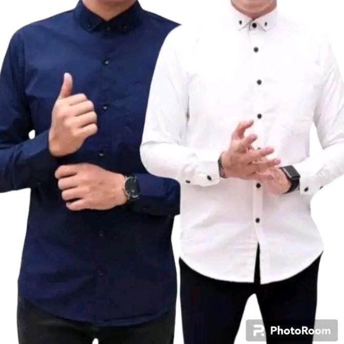 Paket 2 Pcs Kemeja Polos Lengan Panjang Catun Casual Slimfit  Baju Dinas Kantor  Kancing Kerah Simple Standar Putih Navy Nyaman Variasi Santai Pria Kerja Hitam Basic 3