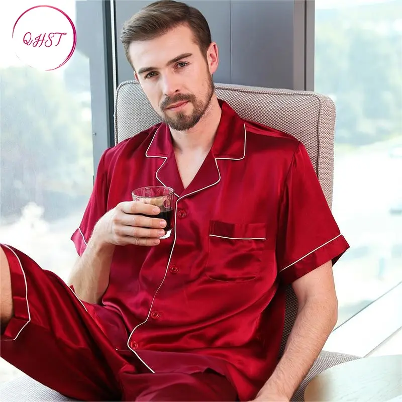 QHST Piyama Merah Solid Pria Set Satin Warna Lunak | Lengan Pendek Celana Pendek Pajamas Import | Pria Baju Tidur