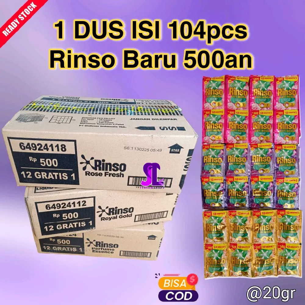 PROMO 1 DUS RINSO CAIR 500 AN ISI 104PCS MODEL BARU 20g