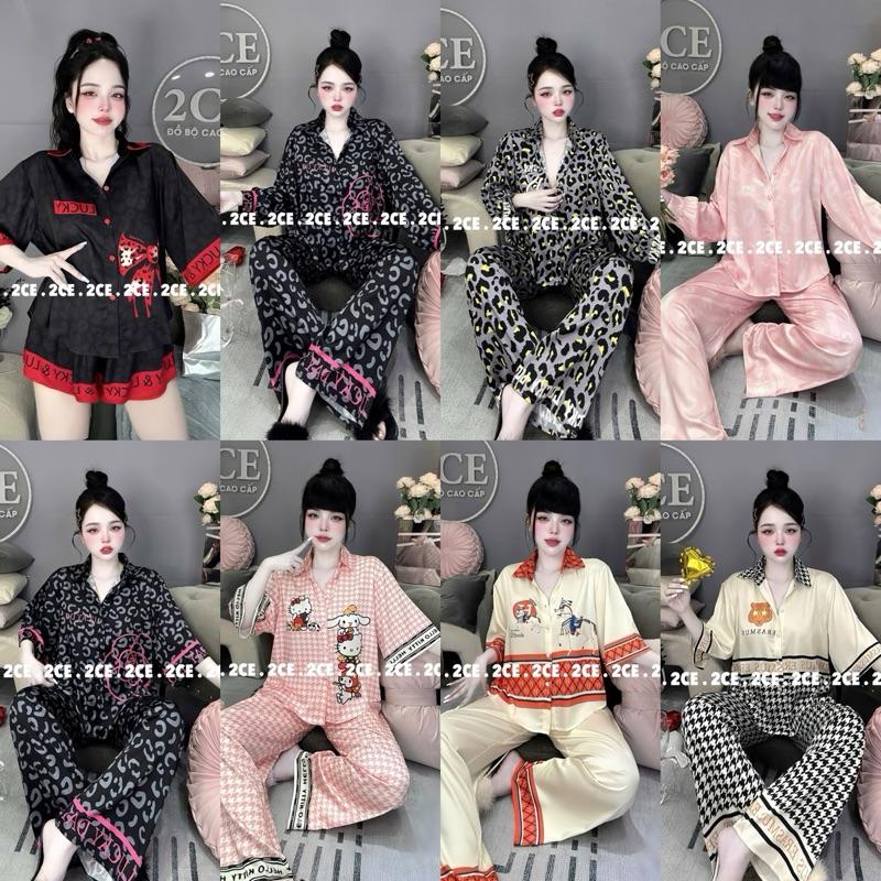 SET SƠMI 2CE TAY DƠI LAI BẦU LỤA LATIN , PIJAMA NỮ MẶC NHÀ, ĐỒ BỘ 2CE , CÓ DÀI VÀ ĐÙI - Kem Women Quần Ngủ Áo Tim  Nhung Voi đồ bộ