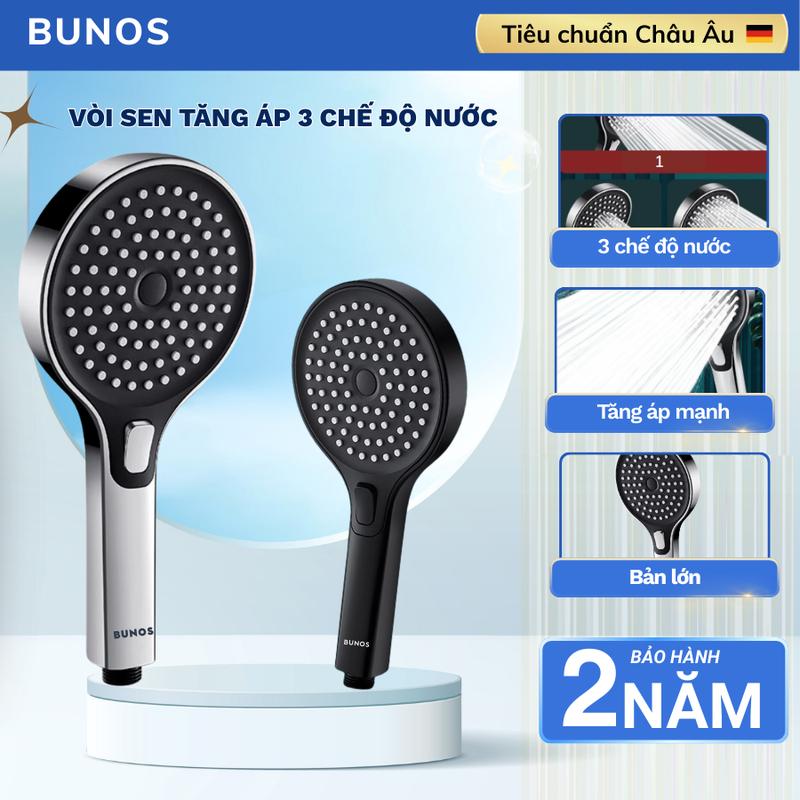Vòi Hoa Sen Tăng Áp Cao Cấp BUNOS với 3 Chế Độ Nước | Đầu Lớn Nút Bấm Chuyển Chế Độ | Bảo Hành Chính Hãng 2 Năm.