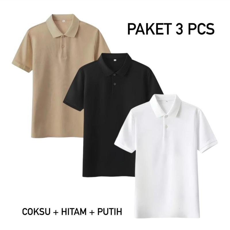 Paket 3 Pcs Kaos Polo Shirt Kerah Polos / Kaos Polo Pria Lengan Pendek / Kaos Seragaman 0