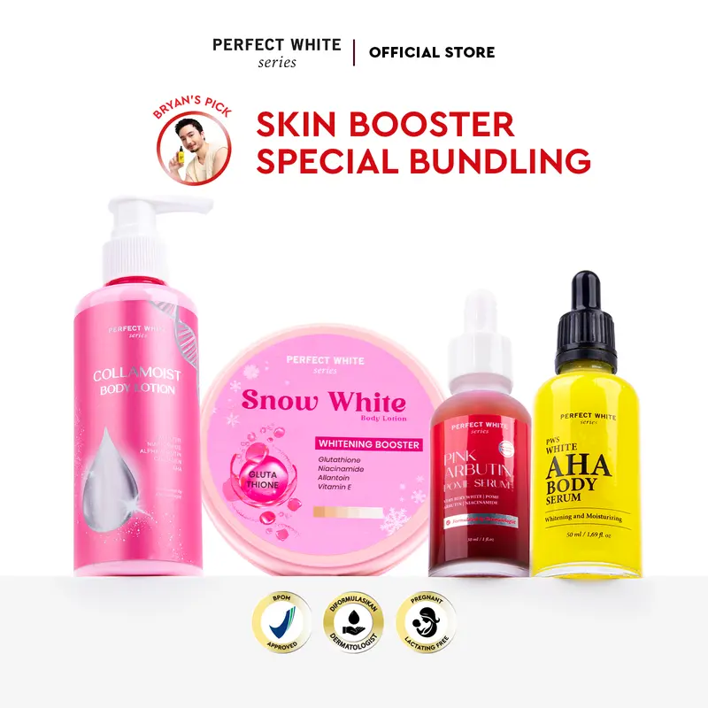 [DAPAT 4] PERFECT WHITE Skin Booster Bundling [AHA Body Serum 50ml, Pink Pome Arbutin Serum, Collamoist Body Lotion, Snow White Body Lotion] | Perawatan Tubuh Pencerah Mencerahkan Kulit Badan Kusam Belang Bekas Luka Dark Spot Noda Hitam 0
