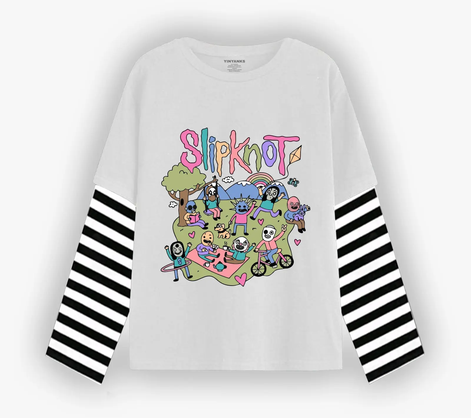 Yinyanks TrdMrk T-shirt Double layer salur Slipknot carton long sleeve kaos pria wanita Katun Keren Nyaman Panjang