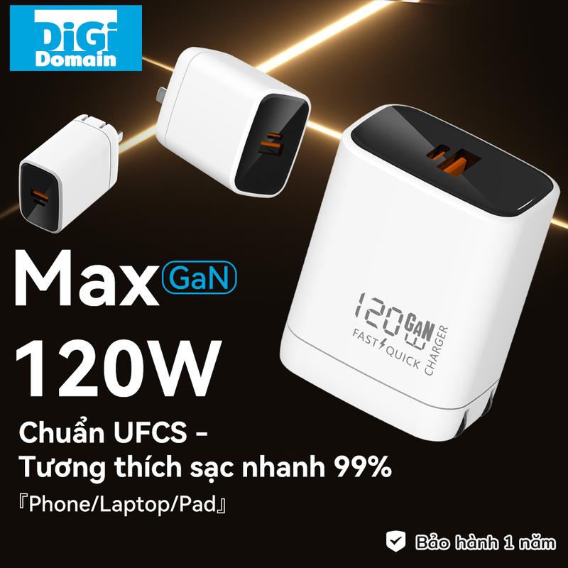 Digi PD 120W Củ sạc nhanh GaN,Chân gấp, Củc sạc Type-C và USB, 2 cổng Bộ Chuyển Đổi, Phích cắm USB-C, Tương thích với iPhone, Samsung, Android, OPPO và giao thức Vivo / UFCS Phụ Kiện
