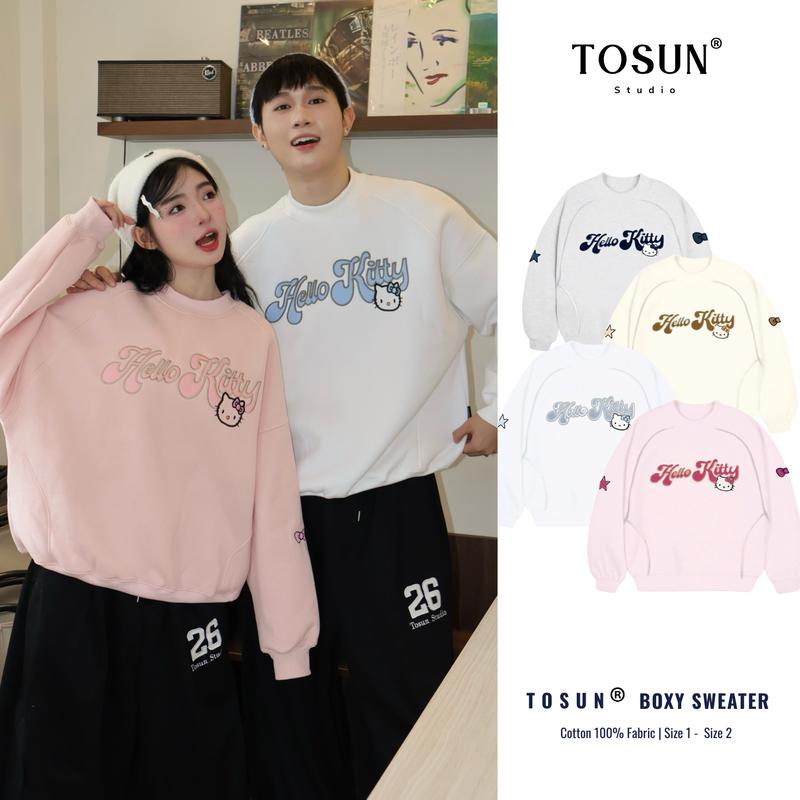  Áo Sweater Nỉ Bông Thêu Hello Kitty Form Rộng Unisex Nam Nữ Phong Cách Hàn Quốc TOSUN S45 