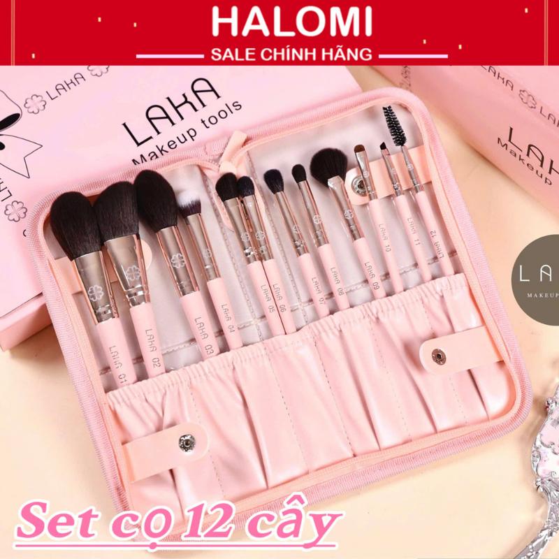 Bộ cọ cá nhân Laka 12 cây màu hồng lông mềm bám phấn đủ các chức năng kèm ví da