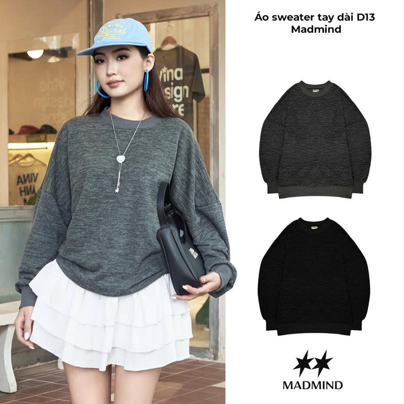 MADMIND Áo Sweater Nam Nữ Tay Dài Trơn MADMIND D13 Màu Đen Muối Tiêu Xám Muối Tiêu Mặc Mùa Đông Phong Cách Thời Trang