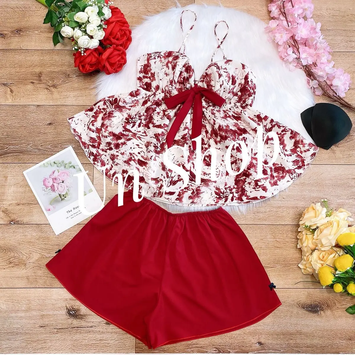 Bộ Đùi Ngủ Lụa 2 Dây Kỏ Sọc Phối Nơ, Chất Lụa Mềm Mại, Co giãn nhẹ thoải mái, Freesize <65kg. Kẻ sọc Kẻ sọc Nữ Women Áo Voan Voi ủ kem ôm đỏ đô thường bộ ngủ
