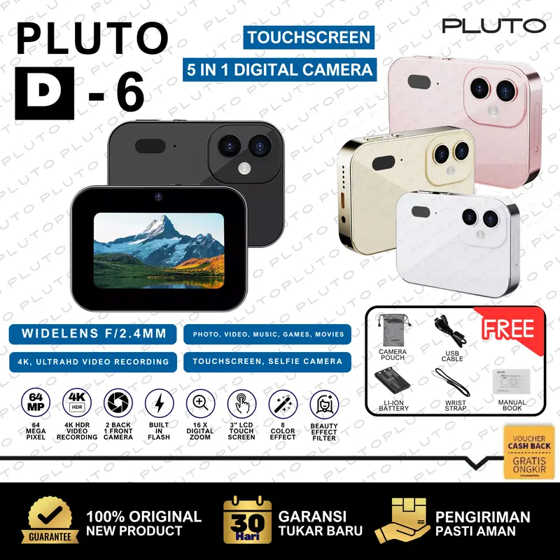 PLUTO D-6 Kamera Digital 64MP dengan Layar Sentuh 5-in-1 untuk Foto Video Musik Nonton Film Main Game 0
