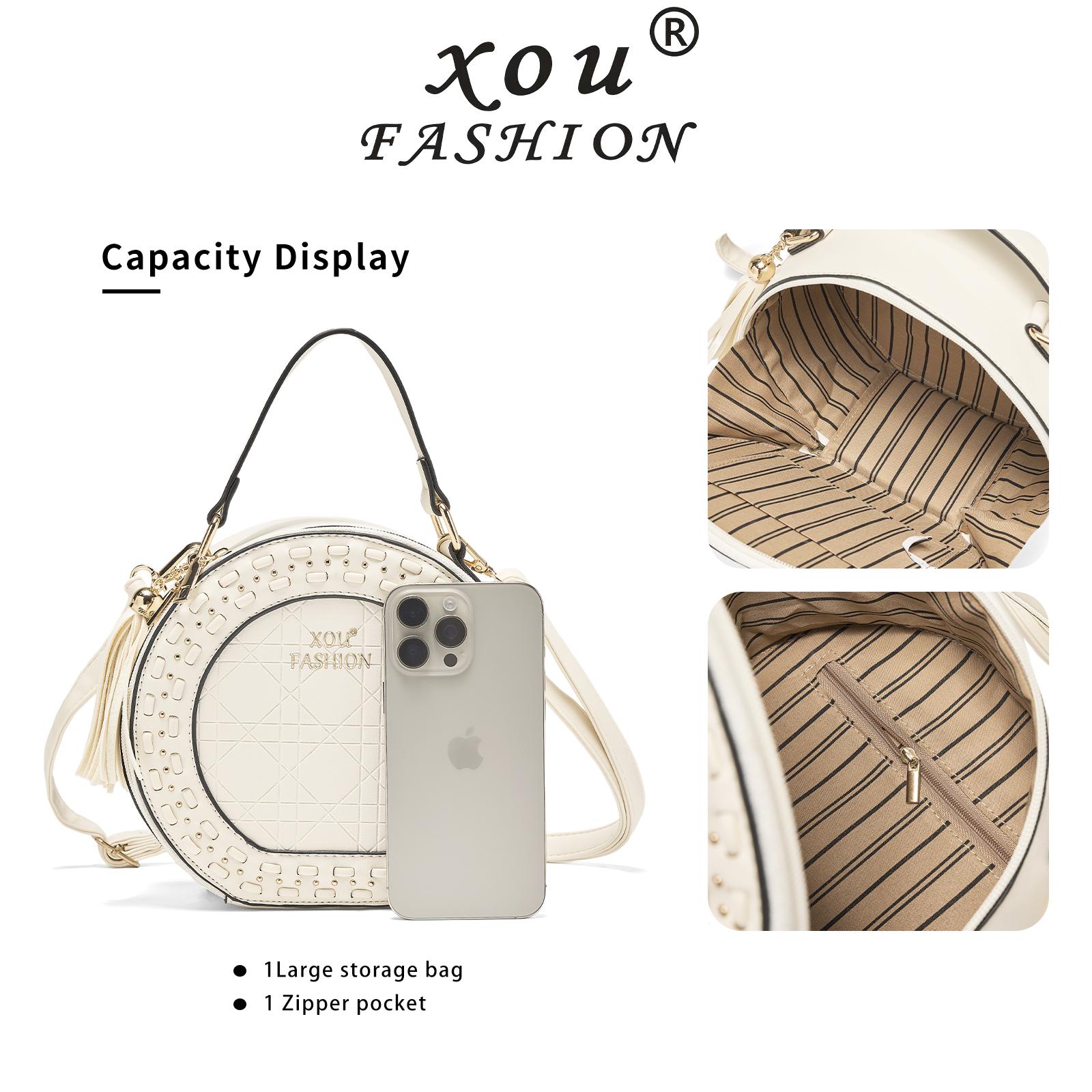 XOU Fashion Tas Selempang Wanita Model Bulat X-720 Desain Rivet Elegan Tali Bahu Nyaman Cocok untuk Sehari-hari