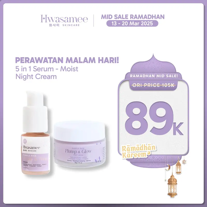 HWASAMEE [Serum 5in1 + Night Cream 10x Brightening ] Perawatan Malam Sempurna Bangun Dengan Wajah Glowing Kenyal Terjaga Kelembaban Kulit Ceramide Extract Niacinamide Pencerah Purple Vitamin Lavender Memudarkan Mencerahkan 0