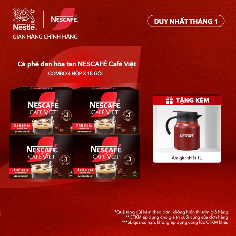  Nestlé VN Combo 4 Hộp Cà phê đen hòa tan NESCAFÉ CAFÉ VIỆT  Hộp 15 gói x 16g -ST 