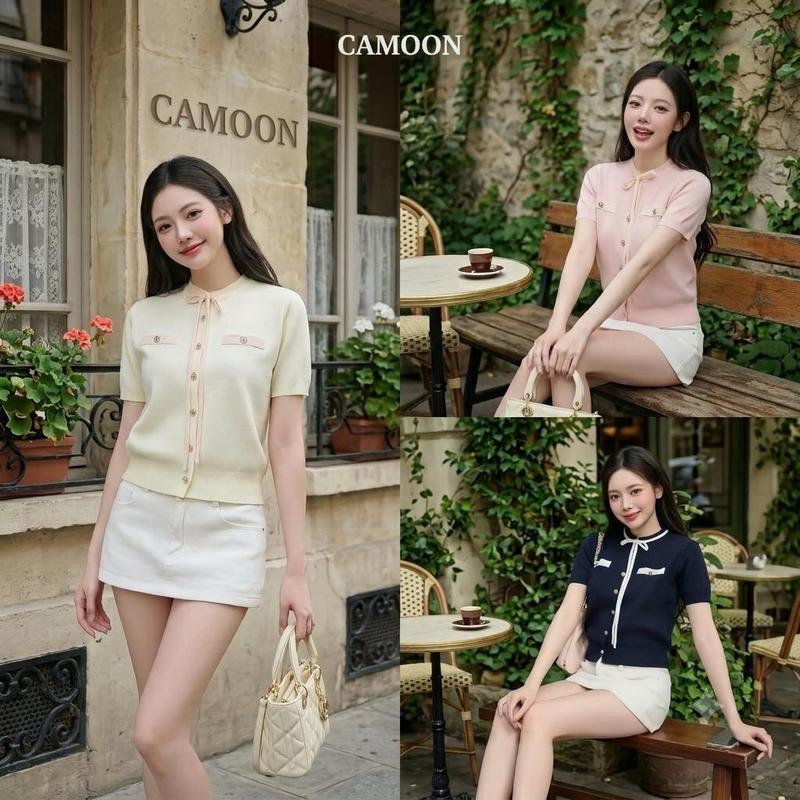 CAMOON - Áo Len Nữ Tay Ngắn Phối Nơ Xinh A26 Form Dáng Basic Áo Len Dệt Kim Cúc 