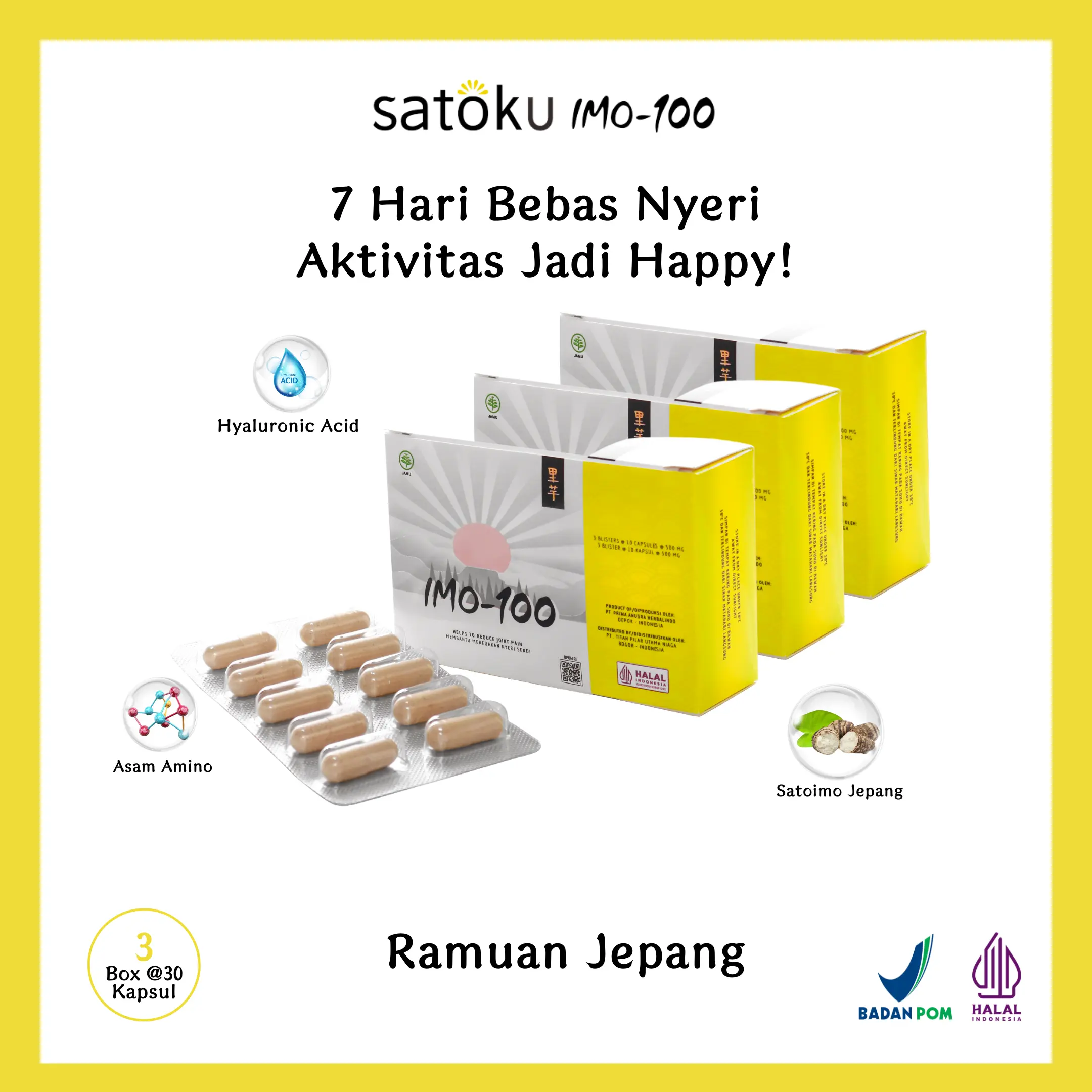 [3 BOX] Satoku Imo-100 Suplemen Sendi, Atasi Pengapuran dan Pemulihan Cedera, Ramuan Jepang, Pereda Nyeri Sendi Untuk Osteoarthitis, Rematik, Asam Urat, dan Saraf Kejepit Isi 90 Kapsul