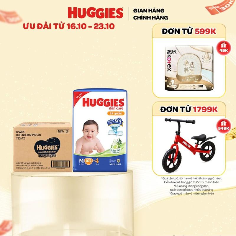 Tã/bỉm quần Huggies Skin Care Mega Jumbo M102/L100/XL84/XXL76 +4 miếng với tràm trà dịu da + Thùng 12 gói khăn giấy ướt không mùi cho trẻ sơ sinh HUGGIES (Gói 80 tờ)/Thùng 16 gói Khăn ướt Huggies Golden Wet Wipes 80 miếng