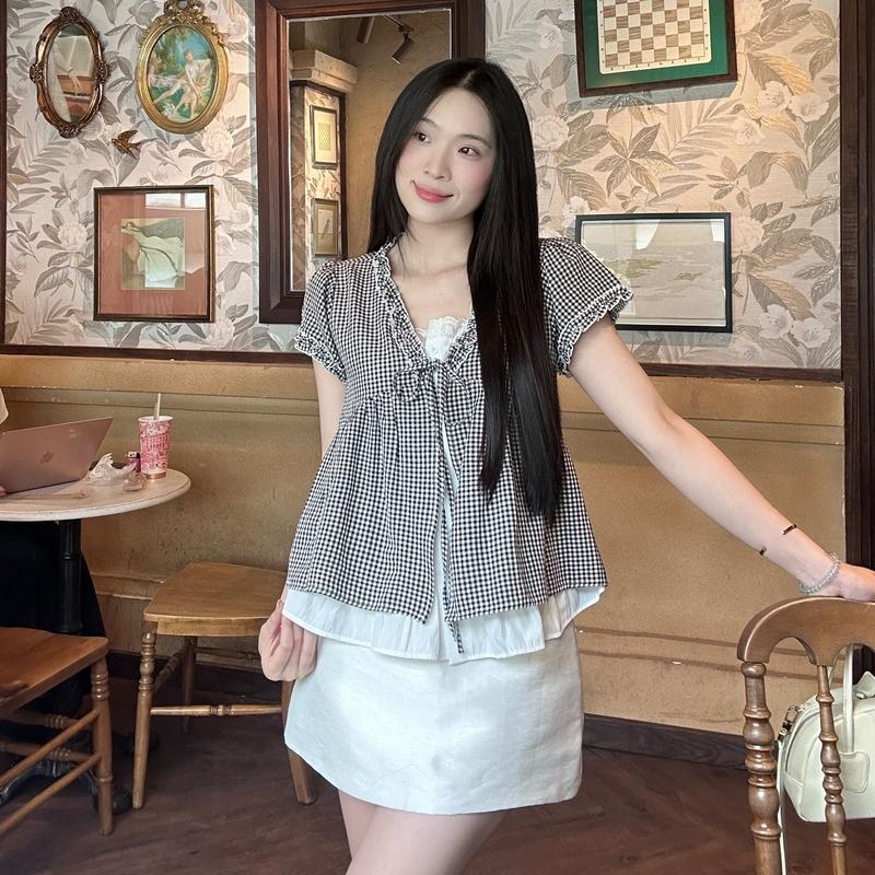 Áo sơ mi babydoll phối kiểu 2 tà trẻ trung LAMO - B1466