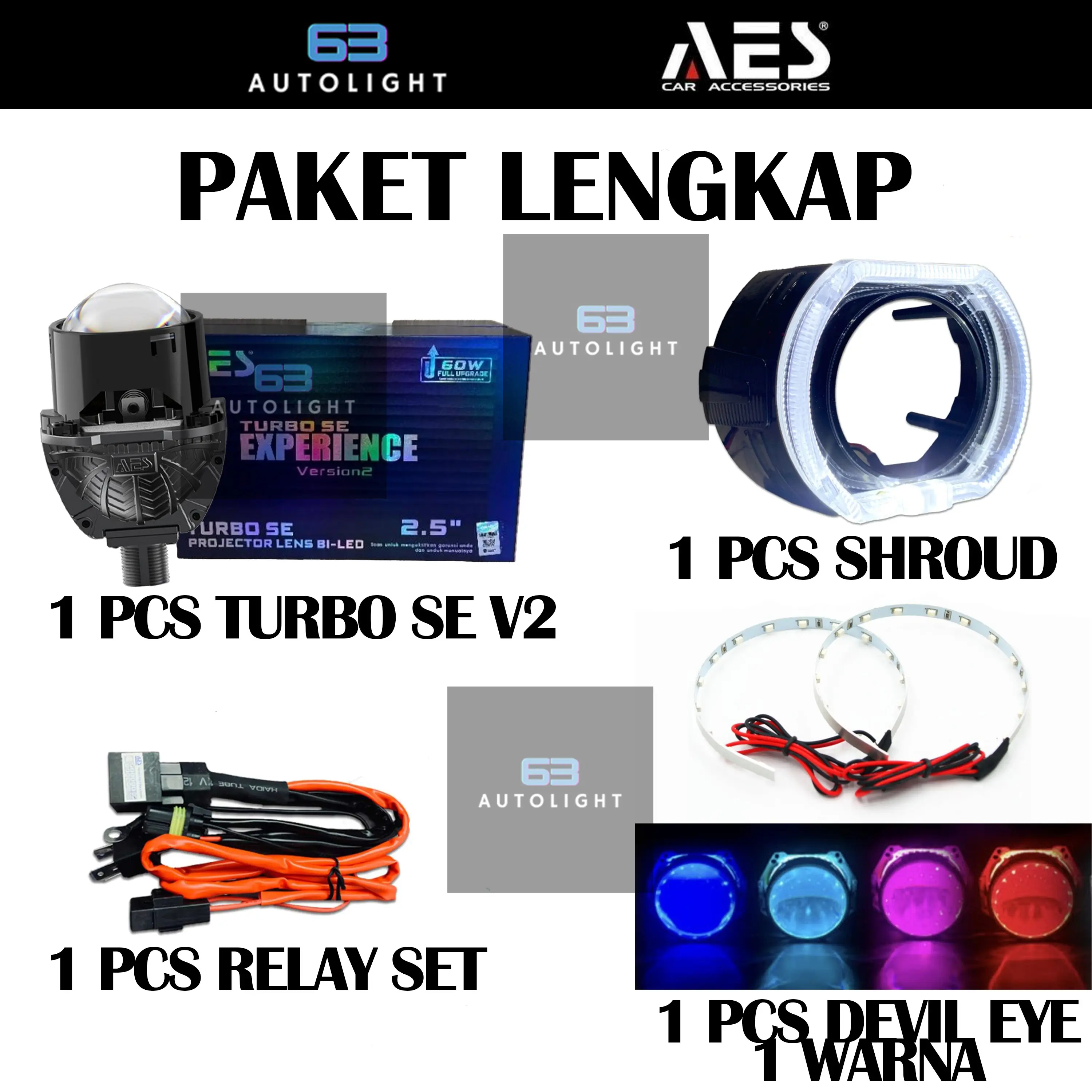 [PAKET LENGKAP] 1 LAMPU TURBO SE EXPERIENCE V2 2,5 INCH + SHROUD + DEMON + KABEL SET RELAY KENDARAAN