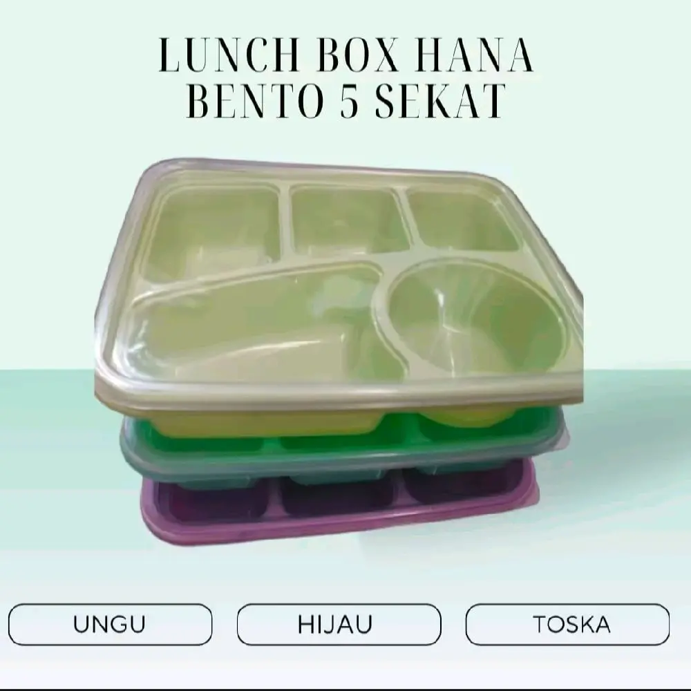 Hana Lunch Box Bento 5 Sekat Ungu Hijau Toska Kotak Makanan Praktis untuk Anak dan Dewasa