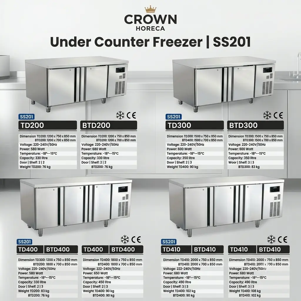 CROWN HORECA TD200 & BTD200 / TD300 & BTD300 / TD400 & BTD400 / TD410 & BTD410 UNDER COUNTER FREEZER SS201