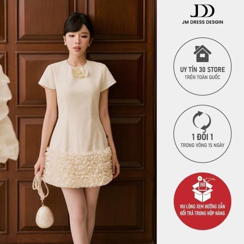 Đầm Party Cổ Tròn Chân Váy Cách Điệu 1P01.2605, Thiết Kế Đầm Mini Dự Tiệc Dáng A Đính Hoa Ngực, Chân Váy Ruffle 3D Phong Cách Sang Trọng Thanh Lịch, Quiet Luxury Feminine Thiết Kế By JM Dress Design