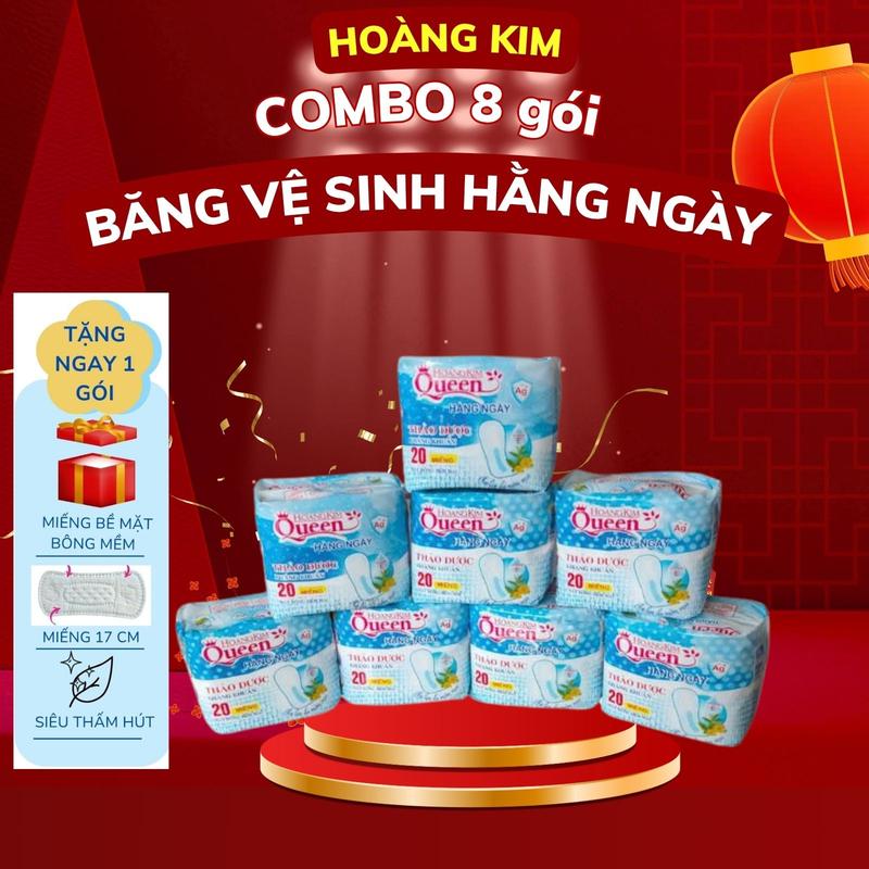 ComBo 8 Gói Băng Vệ Sinh Hằng Ngày Queen Hoàng Kim Thảo Mộc Gói 20 Miếng Kích Thước 17 Cm Bề Mặt Bông Mềm Tiện Lợi Tampon