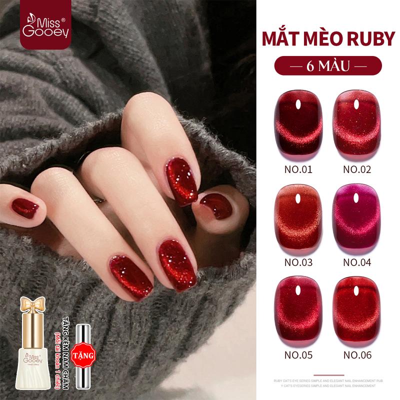 Miss Gooey Sơn móng tay dạng gel hiệu ứng mắt mèo pha lê đỏ 2025 Sơn móng chân dạng gel hiệu ứng mắt mèo màu hồng ngọc bích mới cho mùa Xuân Hè
