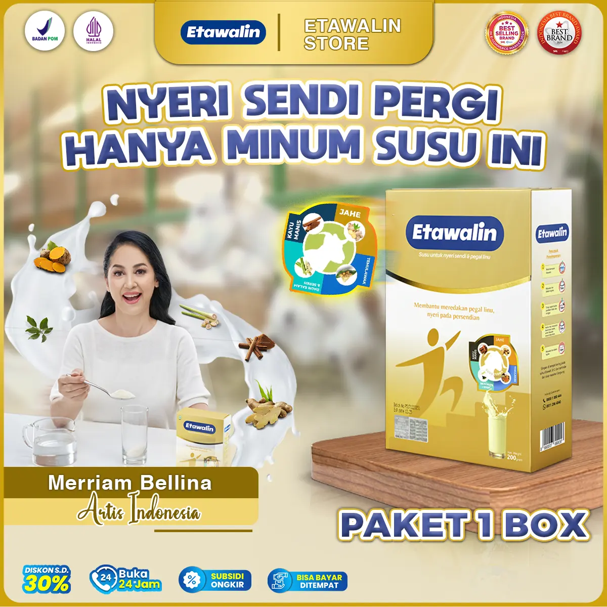 SUSU ETAWALIN - BANTU MASALAH TULANG & SENDI | 200 GRAM [BPOM] | BISA COD  [minuman berkhasiat yang terbuat dari susu kambing etawa dipadukan dengan Rempah pilihan, rendah lemak, tinggi kalsium, dan pasti bermanfaat buat tulang sendi] Drink Milk Bubuk