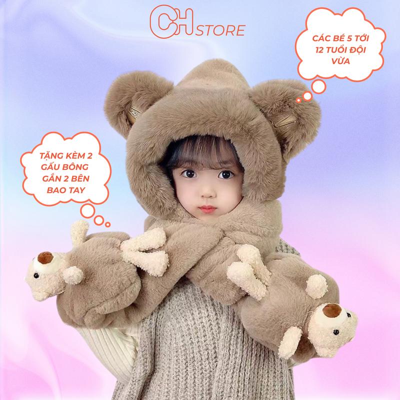 Mũ kèm khăn 3in1 cho bé 4-12 tuổi hoạ tiết tay gấu đáng yêu chất liệu len bông có chỗ để tay
