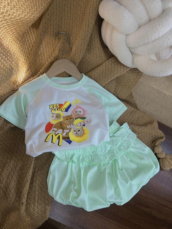 Set Áo Thun Trắng Phối Tay Xanh Nhạt Kèm Chân Váy Bí Viền Bèo 24V Dành Cho Bé Gái