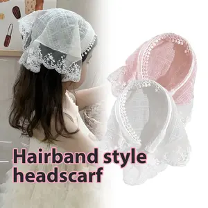 BITCBae Bando renda putih Desain gaya pastoral yang menawan Jilbab segitiga renda putih