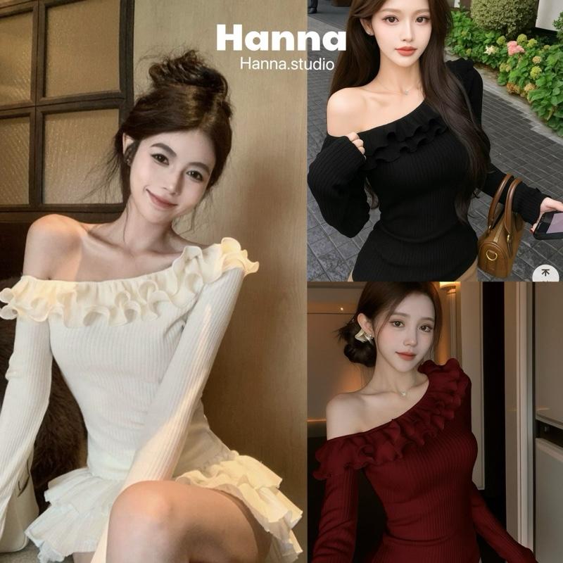 Mở Bán Áo Trễ Vai Viền Bèo Len Gân Tay Dài Tiểu Thư Sang Chảnh Đi Chơi Tết Noel