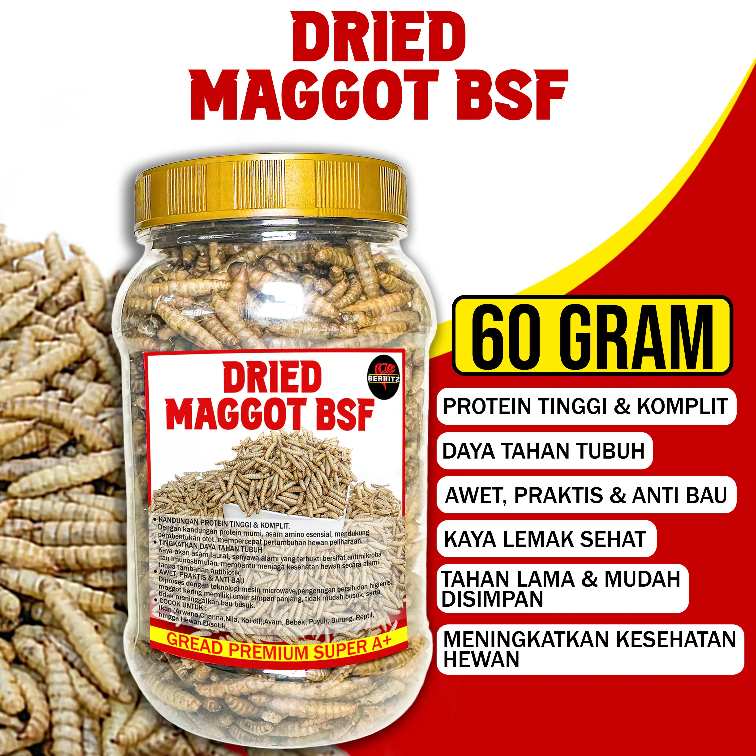 BERRITZ Dried Maggot BSF 60 Gram Maggot Kering Makanan Hewan Peliharaan