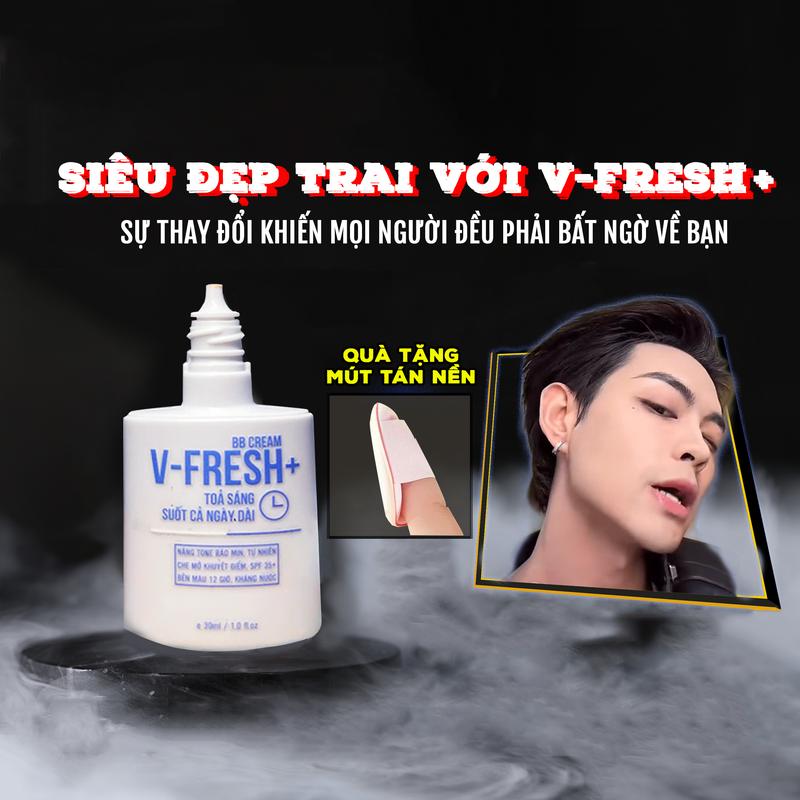 Kem nền V-Fresh Plus cho nam: Nâng tone tự nhiên suốt 12 giờ, kháng nước, chống nắng, che khuyết điểm.