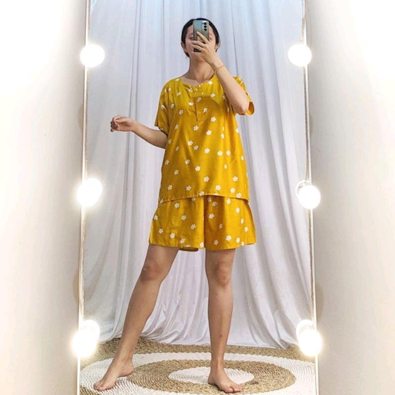 Setelan Baby Doll Celana Pendek Gogo Rayon All Size Nyaman Kancing Busui Motif 5