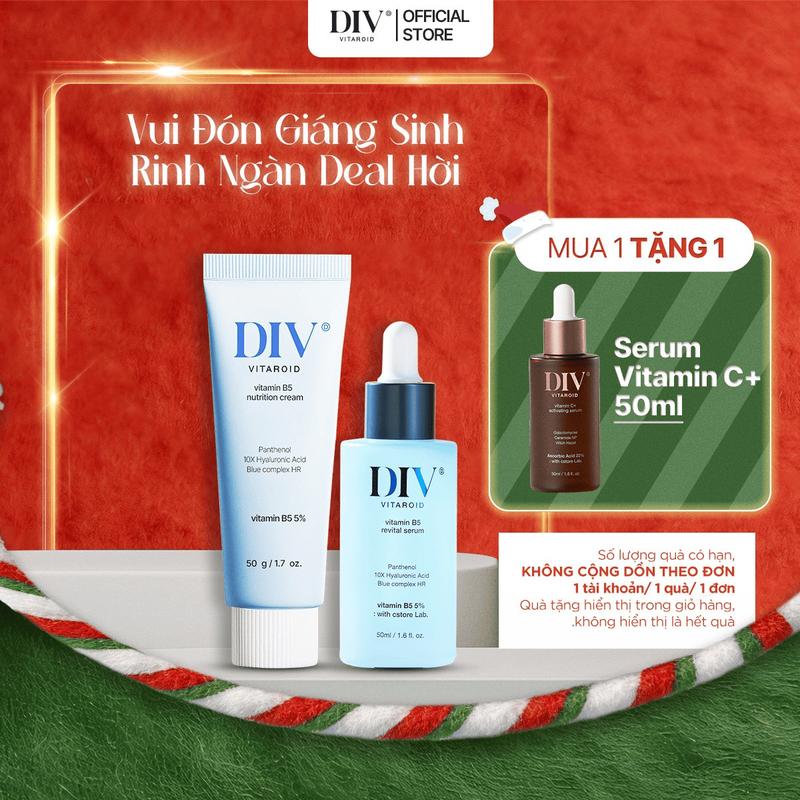 Bộ Đôi Dưỡng Ẩm Serum 50ml & Kem Dưỡng 50g Vitamin B5 DIV Hỗ Trợ Làm Dịu Phục Hồi Da Với 5% Pathenol m