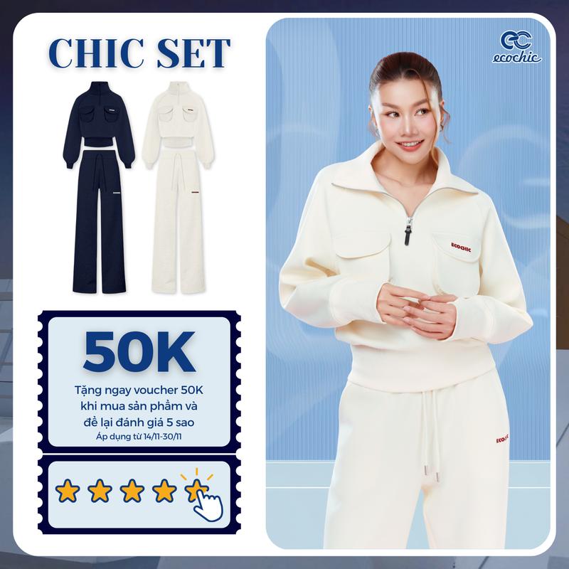 Set Bộ Túi Hộp ECOCHIC Áo Croptop Khoá Zip Ngắn Cổ Đứng Túi Hộp Ngực Phối Quần Suông Ống Rộng Cạp Chun Chất Liệu Cao Cấp Chính Hãng B201