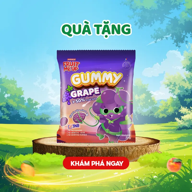 [QUÀ TẶNG KHÔNG BÁN] Combo 1 Túi Kẹo Dẻo Nho Gummy 20G - Thức Ăn Vặt Trái Cây Vị Chua Ngọt - ANDROS FRUIT ME UP - 20g - Snack & Candy 0