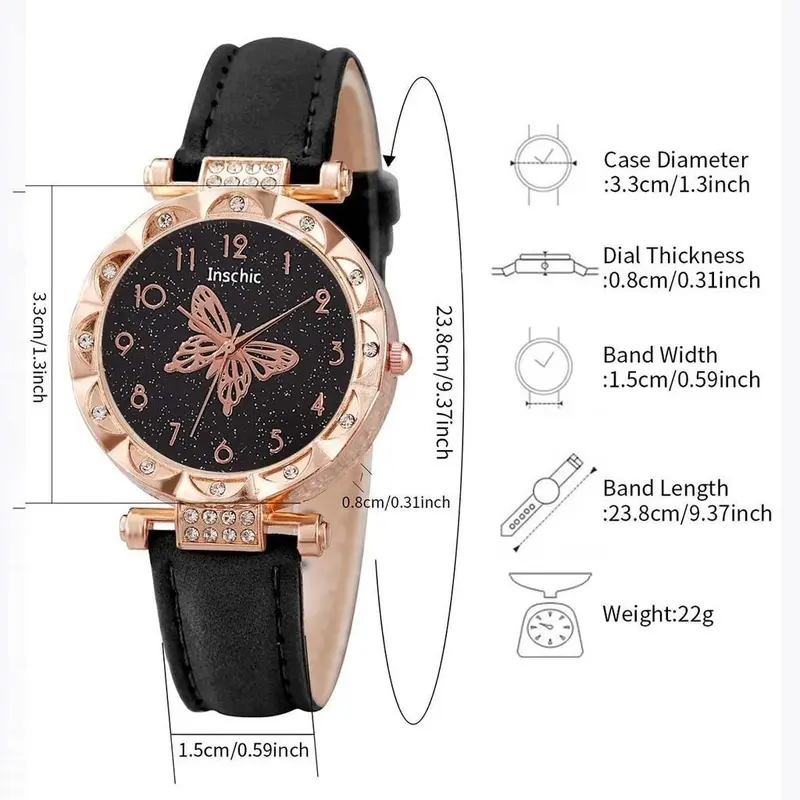 5PCS Jam Tangan Kuarsa Wanita Bergaya Berlian Berlian Kupu-kupu Dial PU Tali Kulit  Quartz Watches Kaca Set Perhiasan Kupu-kupu Gratis (Tanpa Kotak) 7