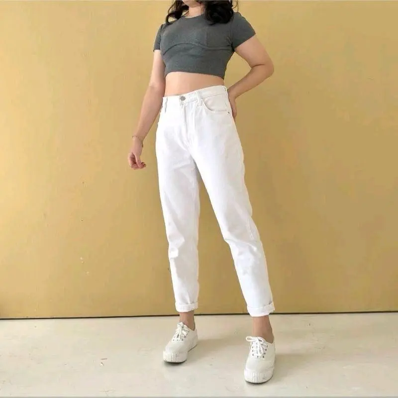 Celana Panjang Boyfriend High Waist Mom Jeans Wanita Polos