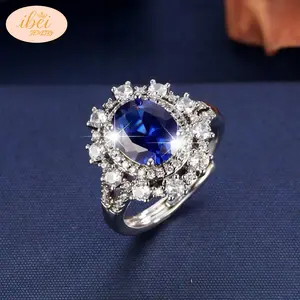 IC24KC06 Zirkonia oval biru Klein 4 bertatahkan berlian putih berlapis emas putih 24K