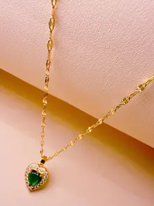 kalung titanium wanita rantai pecah kopi model love permata hijau berlian anti karat dan anti luntur