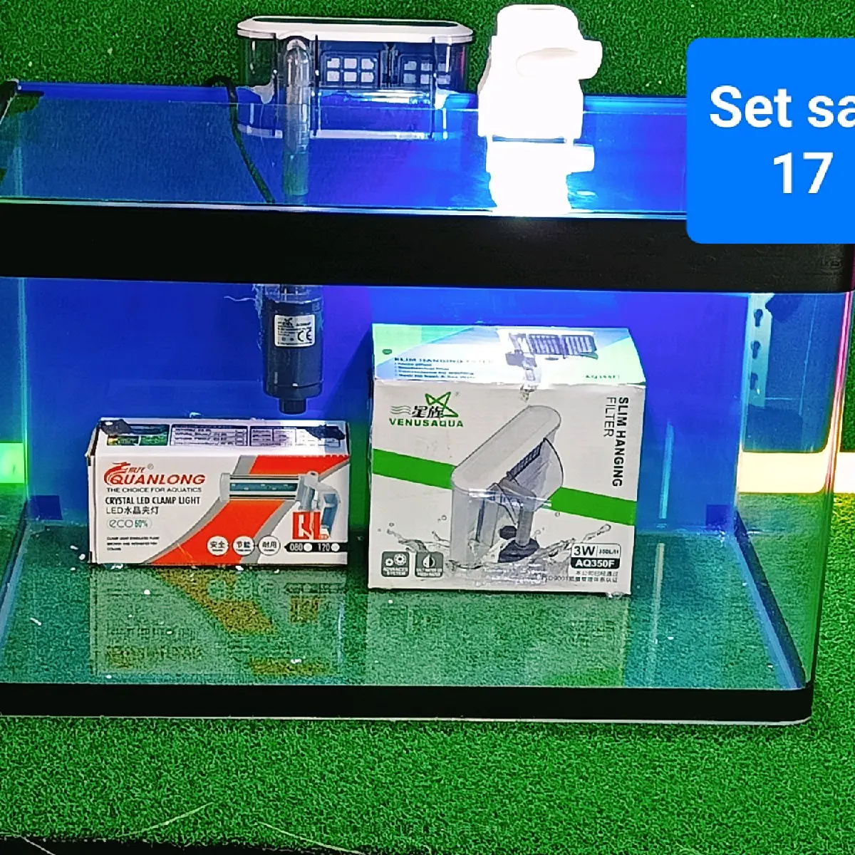 set aquarium  kaca tebal biru saiz 17 ( HANGING FILTER )