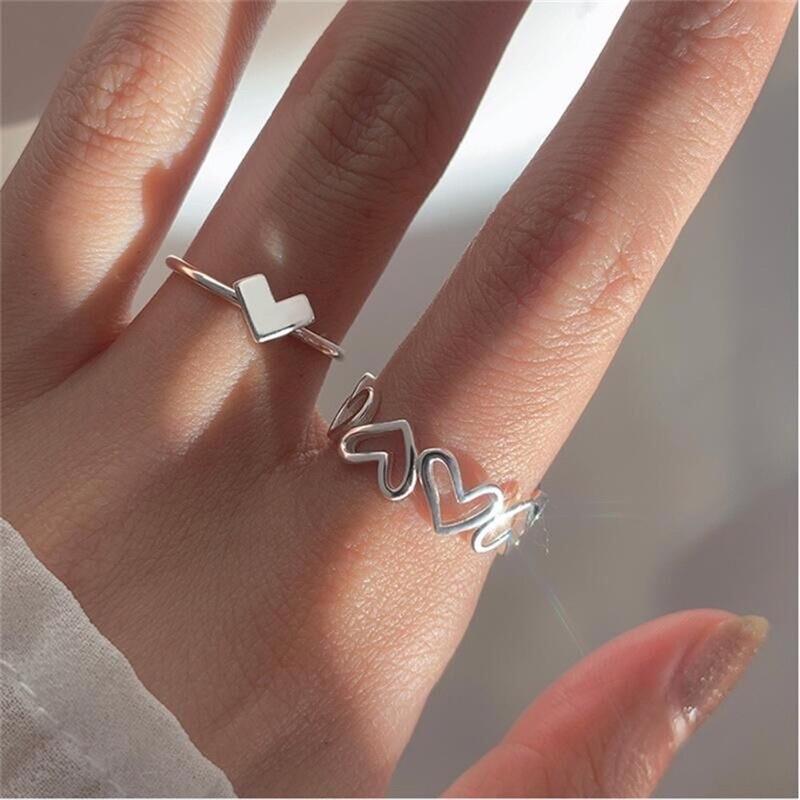 2in1 cincin multilive aesthetic ootd 2pcs / Set Cincin Terbuka Adjustable Motif Hati Aksen Hollow Untuk Perhiasan Wanita / Hadiah 0